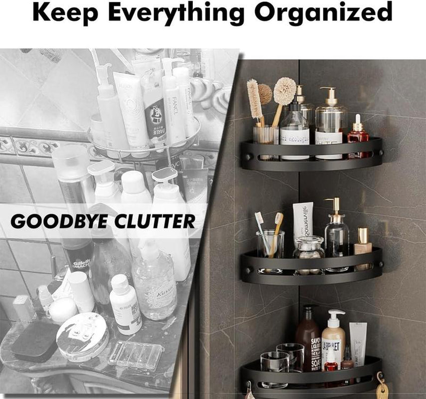 3-Pack Black Drill-Free Shower Caddy | Triangle Corner Storage Shelves (3-Tier Wall Mount Organizer)