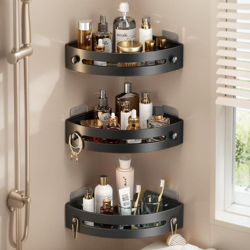 3-Pack Black Drill-Free Shower Caddy | Triangle Corner Storage Shelves (3-Tier Wall Mount Organizer)