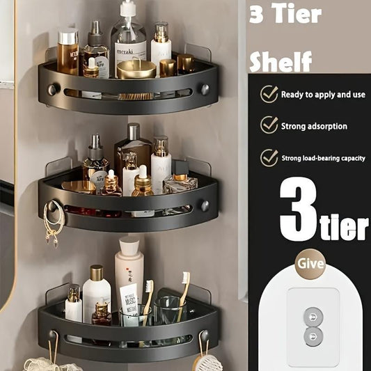 3-Pack Black Drill-Free Shower Caddy | Triangle Corner Storage Shelves (3-Tier Wall Mount Organizer)